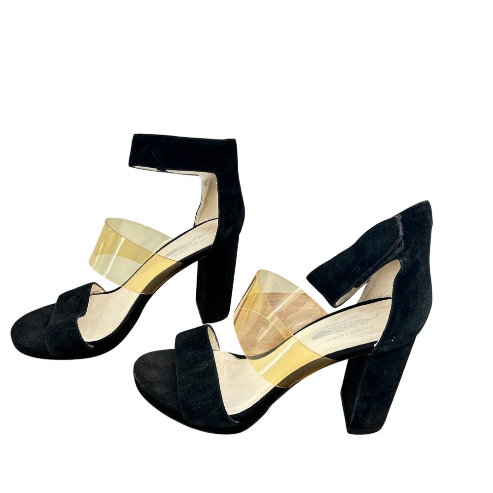 Jeffrey Campbell Free People Black Suede Amber PVC Block Heel‎ Sandals Size 7.5